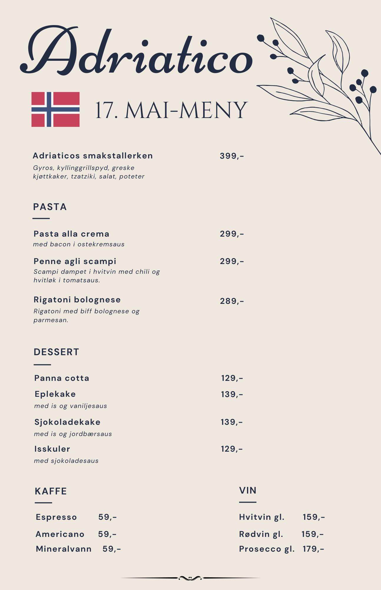 17th May Menu